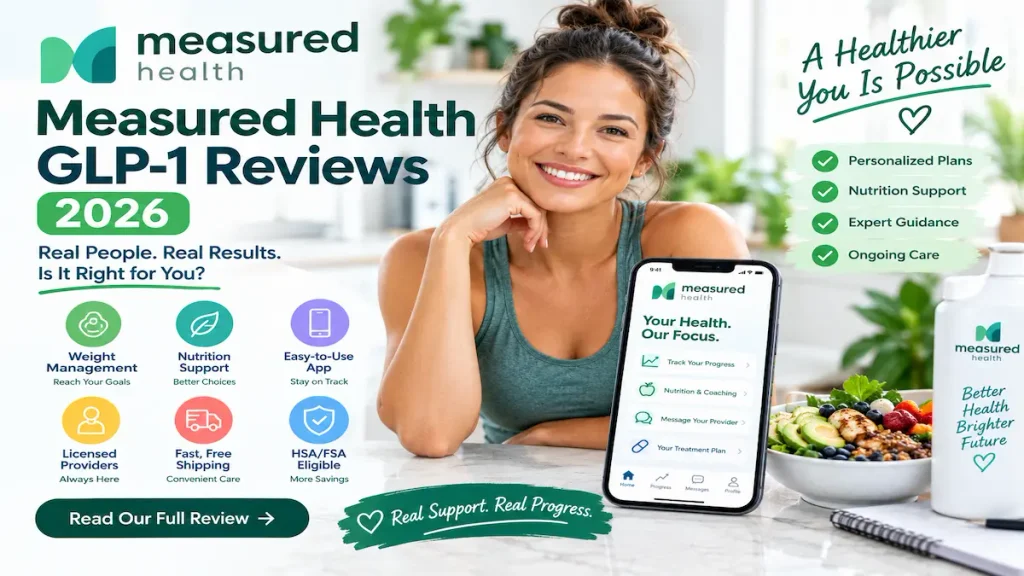 Measured Health GLP-1 Reviews 2026 banner featuring a smiling woman, wellness app, healthy meal, and weight management program features.