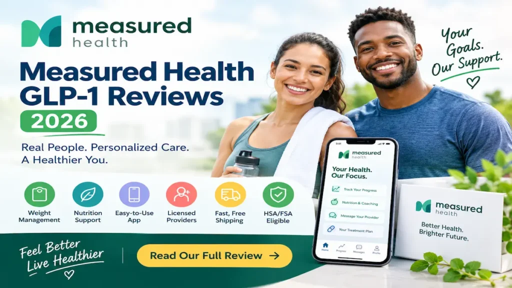 Measured Health program features graphic with a smiling couple, progress-tracking app, nutrition support, personalized plans, and online care features.
