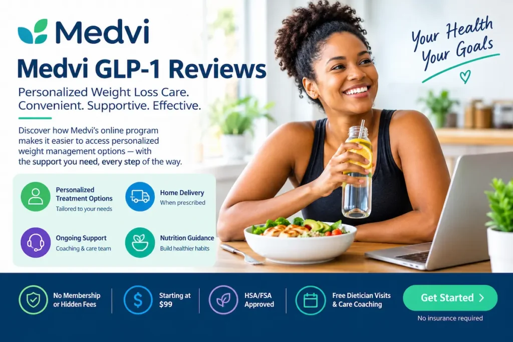 Medvi pricing and benefits infographic showing advertised treatment options, starting prices, home delivery, and online support.
