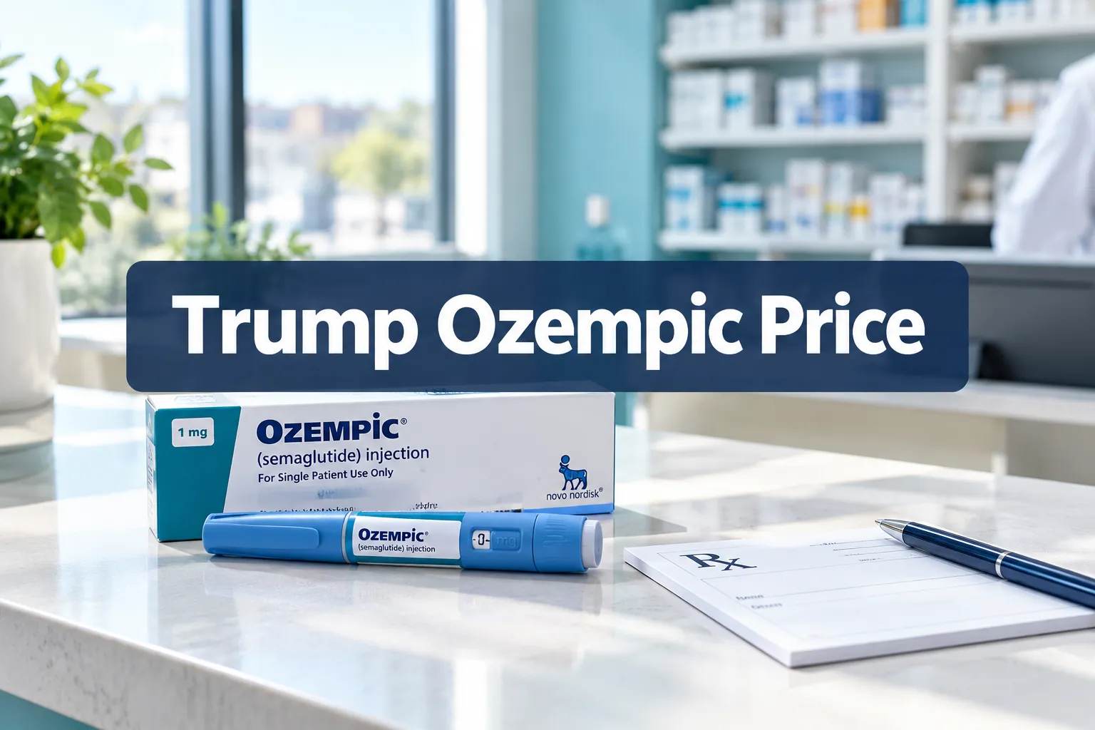 Professional () hero image with (≤42 chars): 'Trump Ozempic Price', crisp white on a dark navy semi-transparent panel,