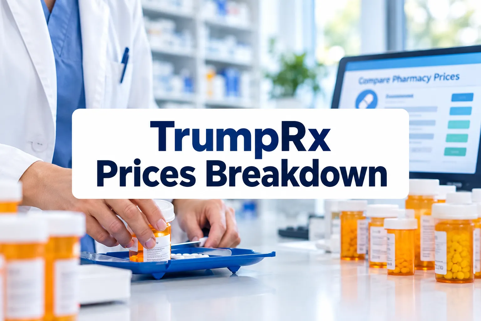 Professional () hero image with (≤42 chars): 'TrumpRx Prices Breakdown', navy on a clean white panel, centered with 8% safe